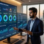 Illustration showing AI monitoring dashboards and analytics for brand visibility