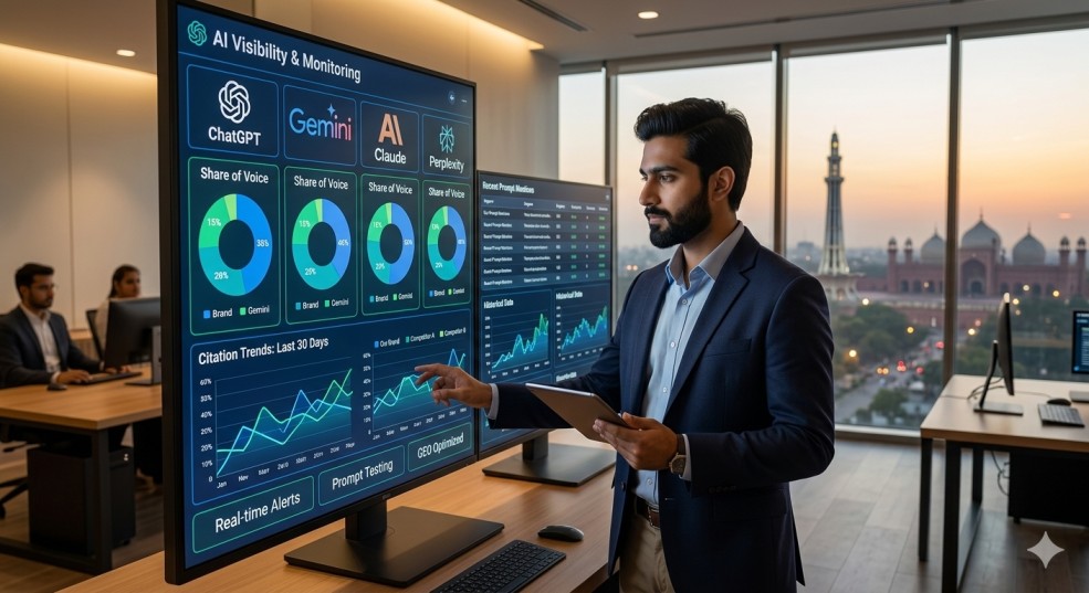 Illustration showing AI monitoring dashboards and analytics for brand visibility